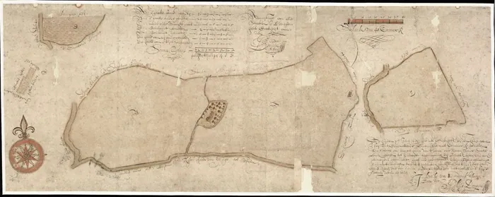 Kaart van de sate Klein Lopens te Kubaard, 1650, door Gellius Dominicus, met oppervlakten en naastliggers.