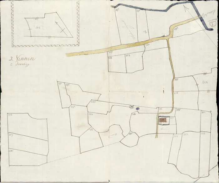 De Vinnen te Dronrijp, gekleurde kaart van omstreeks 1850.