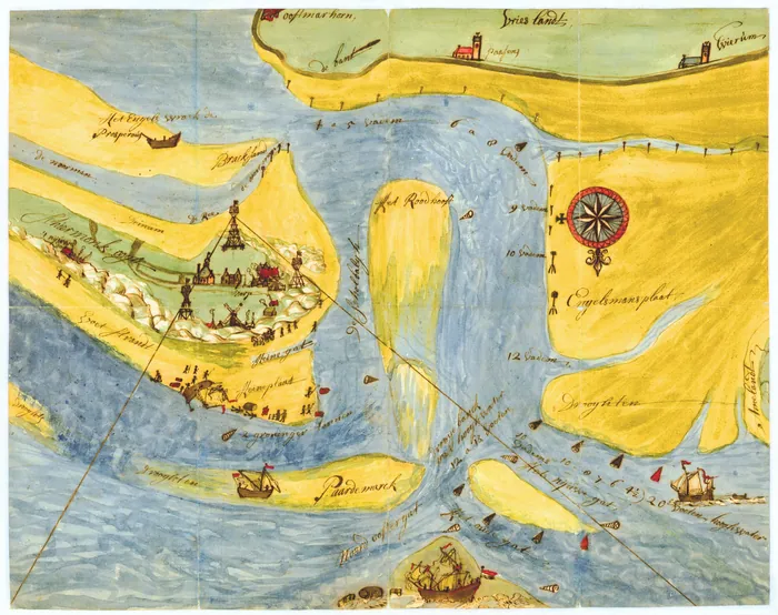 Kaartje van Schiermonnikoog en de zeegaten tussen het eiland, de Friese kust en Ameland, met de ondiepten, 1735, door P.W. Donama.