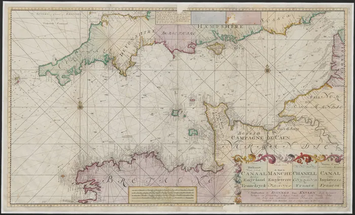 "Nieuwe Paskaart van de geheele Canaal tusschen Engeland en Vranckrijck", omstreeks 1700, gekleurd.