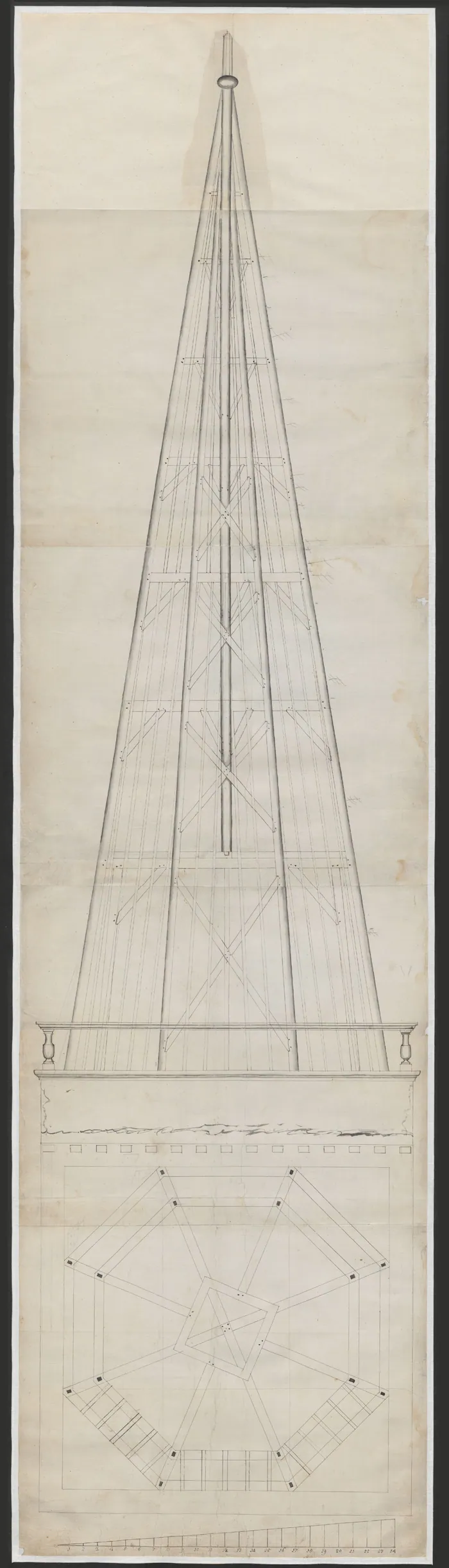 Ontwerptekening van het binnenwerk van de spits van de toren van Achlum, 1788.