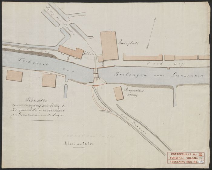 Situatietekening van de brug bij Kingmatille over de trekvaart, 1837, met tolhuis, brugwachterswoning en steenplaats