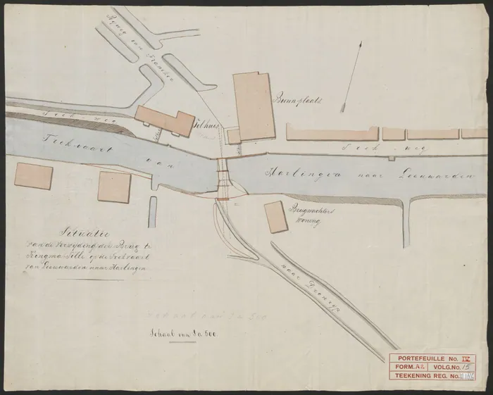 Kingmatille in 1837: "Situatie van de verwijding der Brug te Kingma-Tille op de Trekvaart van Leeuwarden naar Harlingen", schaal 1 op 500. Boven het tolhuis en de steenplaats aan de rijweg van Franeker, onder de brugwachterswoning en de weg naar Dronrijp; langs het water de trekweg; de verbrede doorvaart in rood.