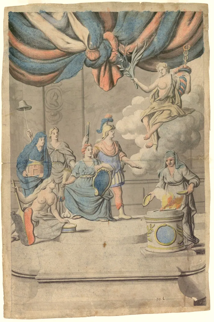 Tekening van een groep personen bij een offertafel, met Minerva, Ceres en Mercurius, laatste kwart achttiende eeuw.