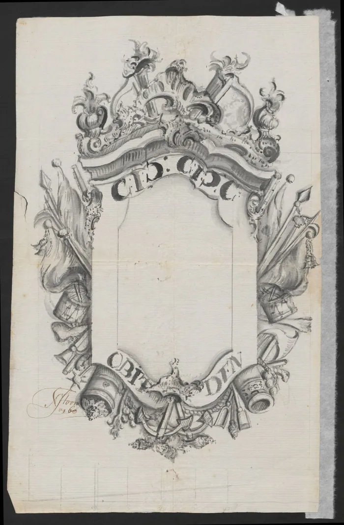 Tekening van een rouwbord, gesigneerd "N. Storm 1760" (Nicolaas Storm), met het opschrift "OBIIT DEN" (overleden op) en een leeg wapenschild.