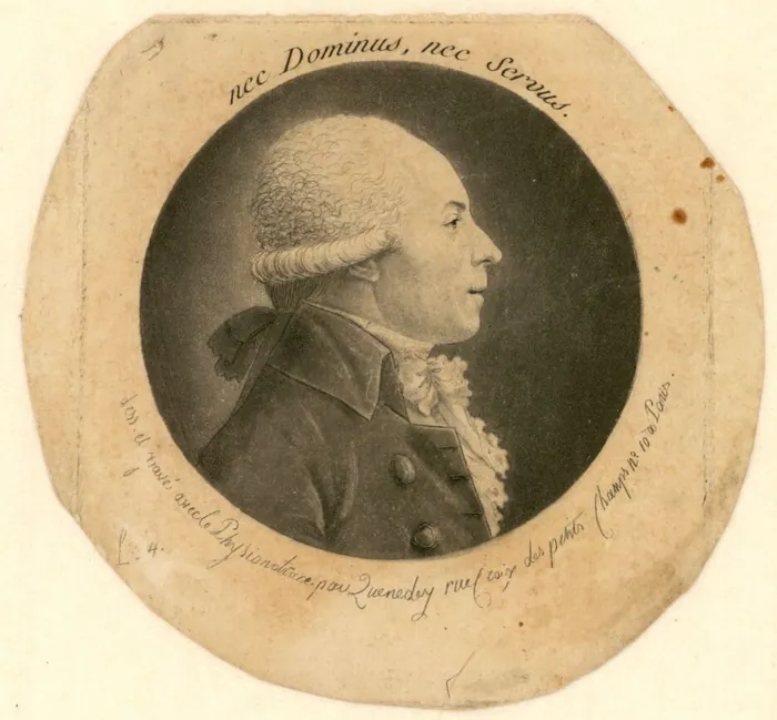 "Nec Dominus Nec Servus" (noch heer, noch knecht): physionotrace-portret in profiel door Quenedey te Parijs, omstreeks 1799; volgens Tresoar de Franeker hoogleraar en patriot Gadso Coopmans.