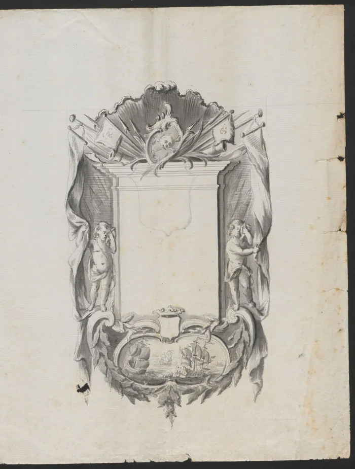 Tekeningen van rouwborden met vlaggen, kanonnen, ankers en schepen, achttiende eeuw, eerste blad.