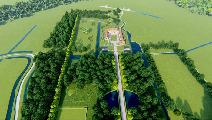 Het ontwerp voor het herstel van het buitengoed, in vogelvlucht.